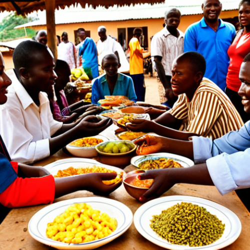A vibrant and bustling market scene in Bujumbura, Burundi, at golden hour. Focus on the "Burundian time" philosophy: people are relaxed, smiling, and engaging in lively conversations. Fresh, colorful tropical fruits, vegetables, and local ingredients like *uburobe* or *isogi* are displayed in traditional baskets. In the foreground, hands are seen sharing a simple, authentic meal like *bugali* or *sombe* from a communal plate, symbolizing the deep human connection and unhurried pace of life. The atmosphere is warm, inviting, and full of genuine interaction.