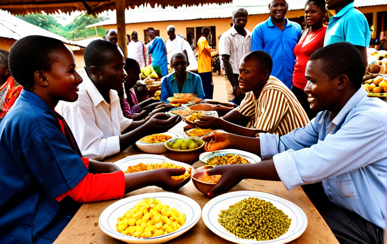 A vibrant and bustling market scene in Bujumbura, Burundi, at golden hour. Focus on the "Burundian time" philosophy: people are relaxed, smiling, and engaging in lively conversations. Fresh, colorful tropical fruits, vegetables, and local ingredients like *uburobe* or *isogi* are displayed in traditional baskets. In the foreground, hands are seen sharing a simple, authentic meal like *bugali* or *sombe* from a communal plate, symbolizing the deep human connection and unhurried pace of life. The atmosphere is warm, inviting, and full of genuine interaction.