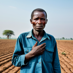 "A resilient Burundian farmer, depicted in a close-up portrait, with a determined expression, dressed in modest, practical agricultural attire. The background features a vast, parched field with cracked earth under a hazy, dry sky, subtly illustrating the impact of climate change and agricultural dependence. This professional image captures their enduring spirit. Fully clothed, appropriate attire, safe for work, perfect anatomy, correct proportions, natural pose, well-formed hands, proper finger count, natural body proportions, high quality, family-friendly content."