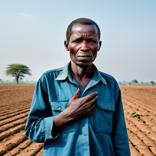 "A resilient Burundian farmer, depicted in a close-up portrait, with a determined expression, dressed in modest, practical agricultural attire. The background features a vast, parched field with cracked earth under a hazy, dry sky, subtly illustrating the impact of climate change and agricultural dependence. This professional image captures their enduring spirit. Fully clothed, appropriate attire, safe for work, perfect anatomy, correct proportions, natural pose, well-formed hands, proper finger count, natural body proportions, high quality, family-friendly content."