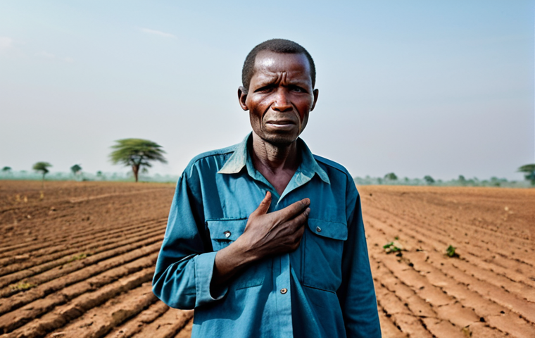 "A resilient Burundian farmer, depicted in a close-up portrait, with a determined expression, dressed in modest, practical agricultural attire. The background features a vast, parched field with cracked earth under a hazy, dry sky, subtly illustrating the impact of climate change and agricultural dependence. This professional image captures their enduring spirit. Fully clothed, appropriate attire, safe for work, perfect anatomy, correct proportions, natural pose, well-formed hands, proper finger count, natural body proportions, high quality, family-friendly content."
