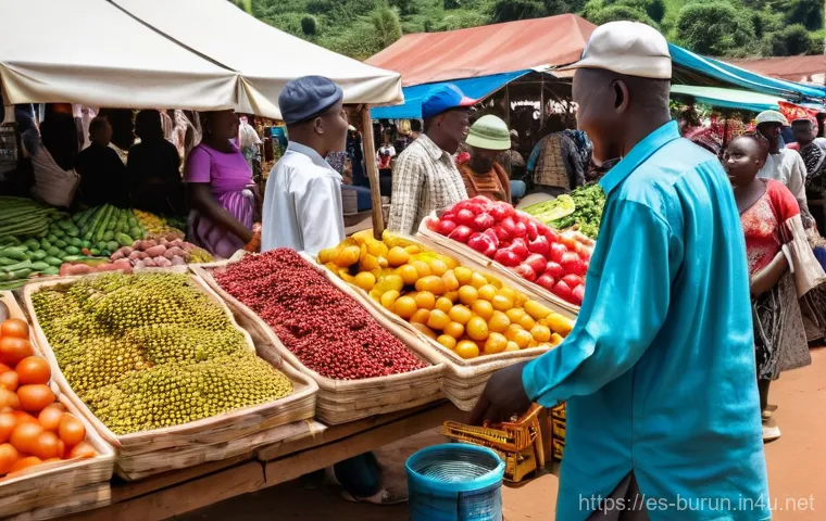 부룬디 전통 시장 방문 팁 - **A Vibrant Burundian Market Scene:** A bustling open-air market in Burundi, filled with diverse peo...