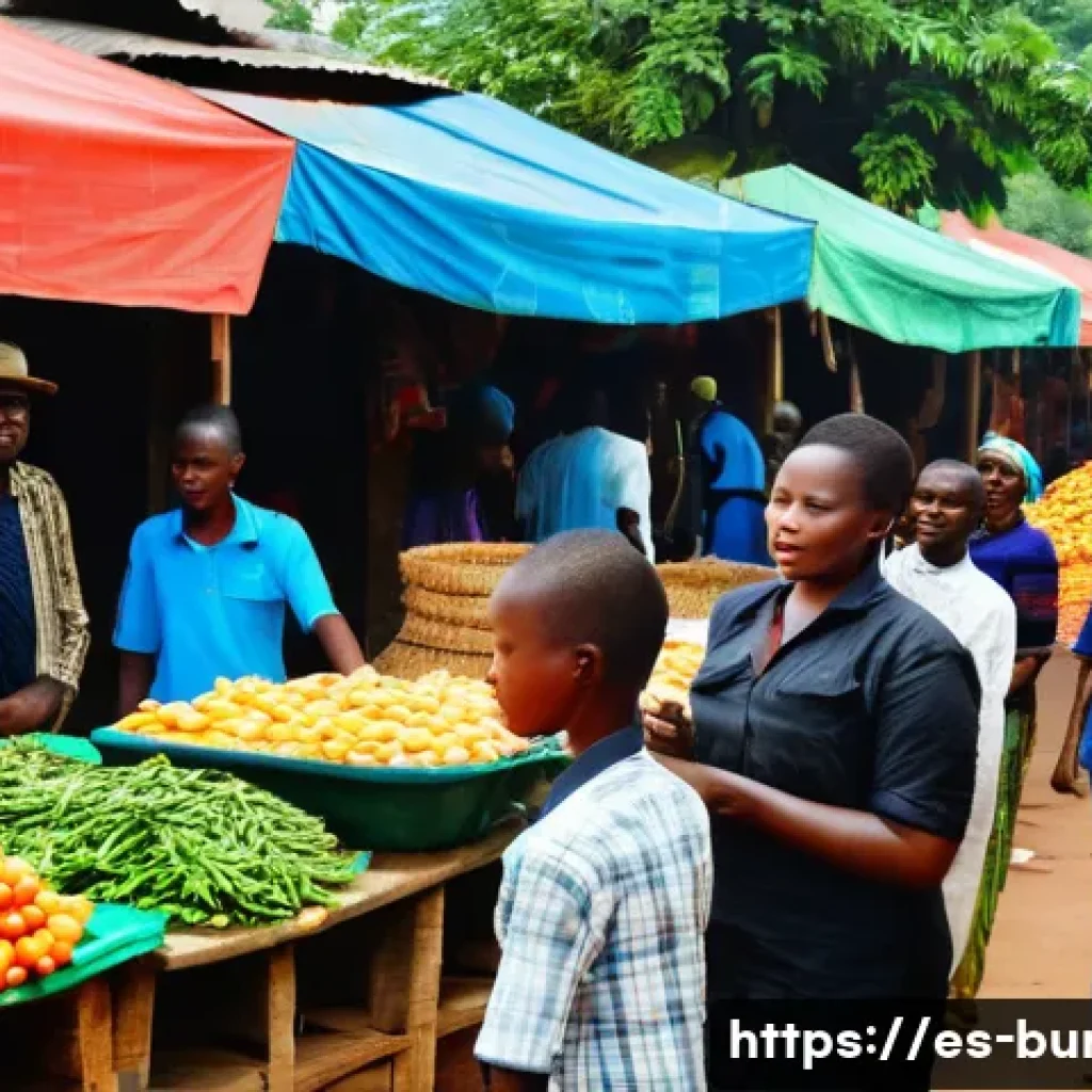 부룬디 화폐와 환전 팁 - A vibrant street market scene in Bujumbura, Burundi, showcasing local vendors exchanging Burundian f...