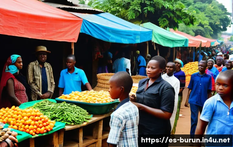 부룬디 화폐와 환전 팁 - A vibrant street market scene in Bujumbura, Burundi, showcasing local vendors exchanging Burundian f...