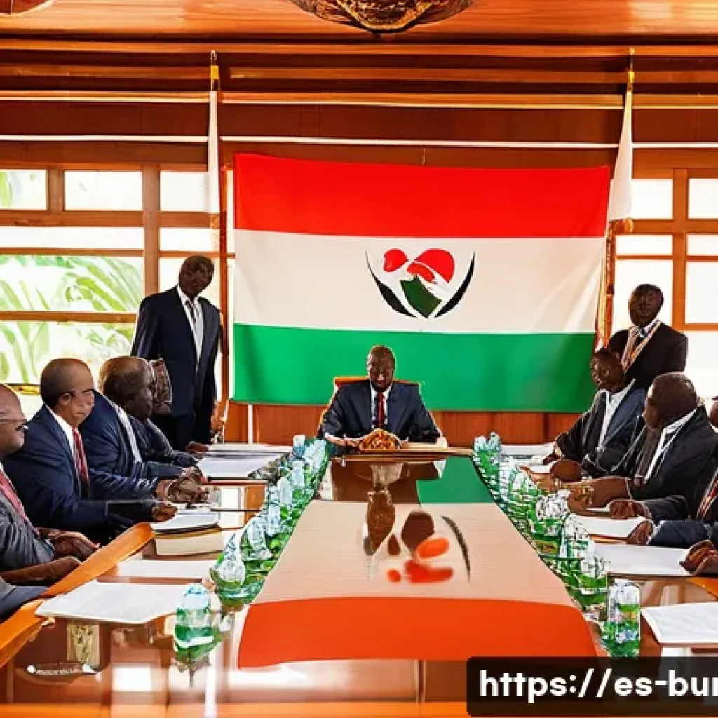 부룬디 현대 정치의 구조 - A detailed political scene depicting a formal government meeting room in Burundi, featuring ethnical...