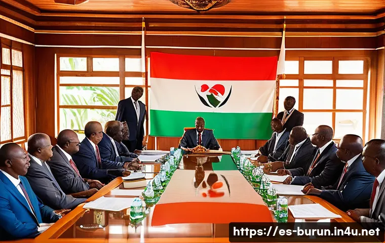 부룬디 현대 정치의 구조 - A detailed political scene depicting a formal government meeting room in Burundi, featuring ethnical...