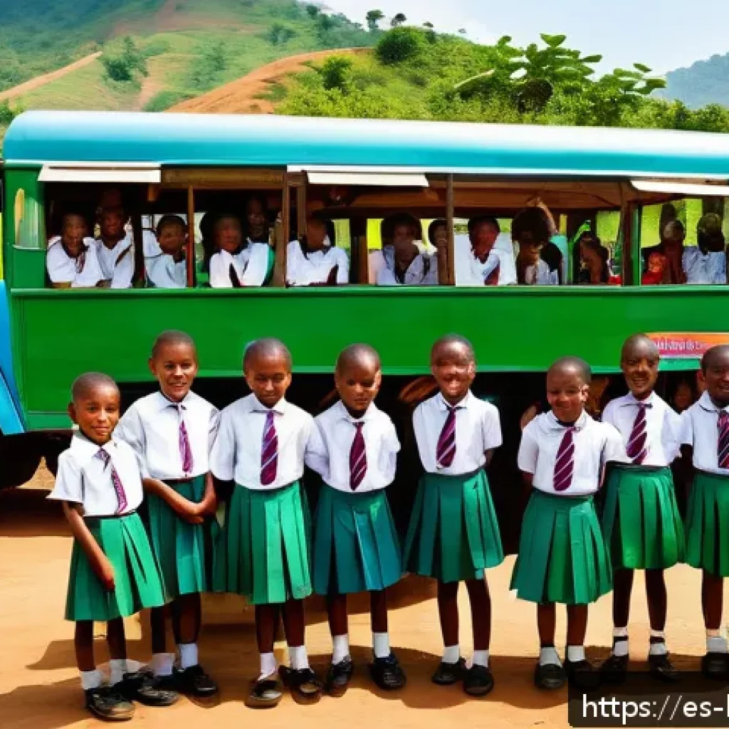 부룬디 내 주요 교육기관 - A vibrant rural classroom scene in Burundi featuring a mobile school bus converted into a colorful, ...