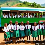 부룬디 내 주요 교육기관 - A vibrant rural classroom scene in Burundi featuring a mobile school bus converted into a colorful, ...