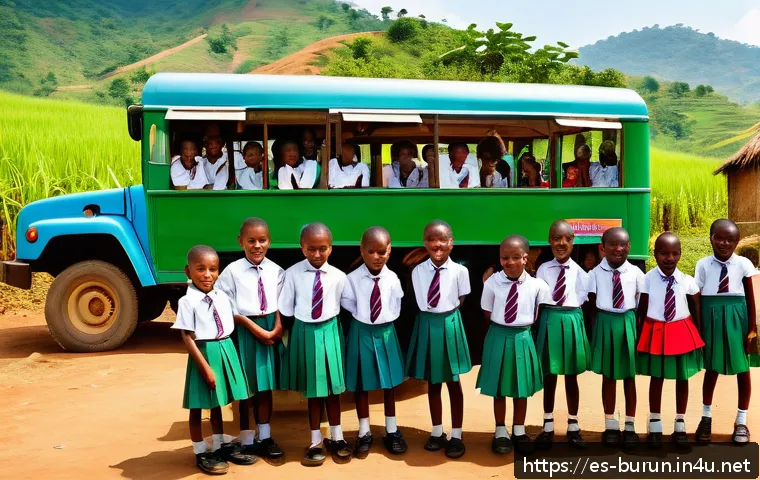 부룬디 내 주요 교육기관 - A vibrant rural classroom scene in Burundi featuring a mobile school bus converted into a colorful, ...