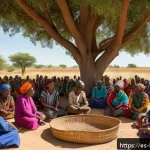 부룬디 부족 간 화합 노력 - A vibrant community assembly in a rural African village, diverse ethnic groups sitting in a circle o...
