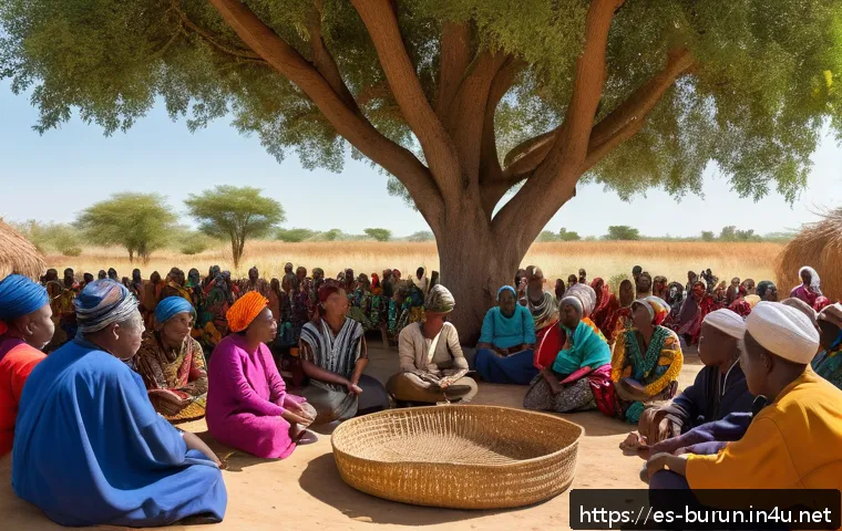 부룬디 부족 간 화합 노력 - A vibrant community assembly in a rural African village, diverse ethnic groups sitting in a circle o...