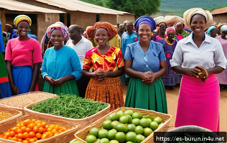 부룬디 여성의 역할 - A vibrant rural marketplace scene in Burundi showing women entrepreneurs actively engaged in selling...