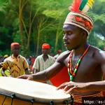 부룬디 민속 음악 - A skilled Burundian drummer performing outdoors during a traditional festival, wearing colorful trad...