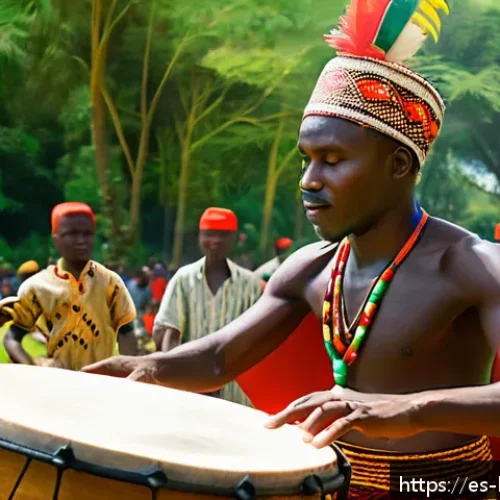부룬디 민속 음악 - A skilled Burundian drummer performing outdoors during a traditional festival, wearing colorful trad...