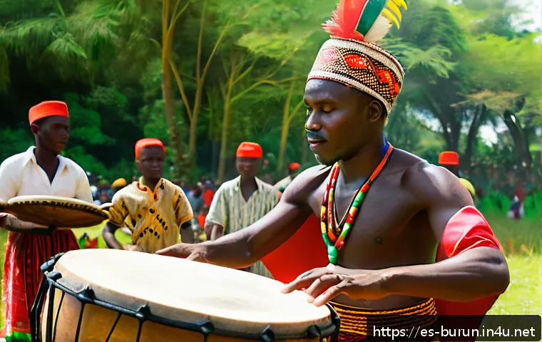 부룬디 민속 음악 - A skilled Burundian drummer performing outdoors during a traditional festival, wearing colorful trad...