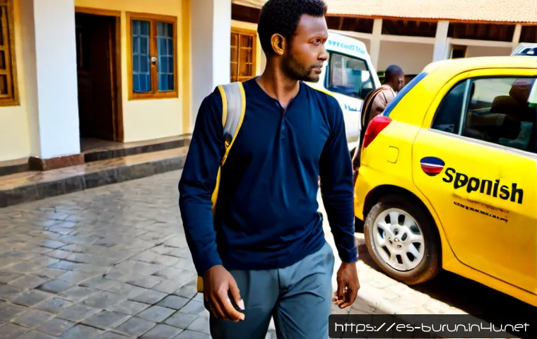 부룬디 현지에서 안전 유지 방법 - Photorealistic travel safety scene in Bujumbura, Burundi: a Spanish-speaking adult traveler dressed ...