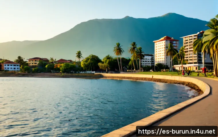 부룬디 수도 부줌부라 - Photorealistic wide-angle view of Bujumbura, Burundi, from the calm shoreline of Lake Tanganyika, tr...