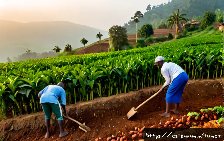 부룬디 전통 농업 방식 - Photorealistic rural Burundi hillside farm at sunrise, local farmers in modest colorful work clothes...